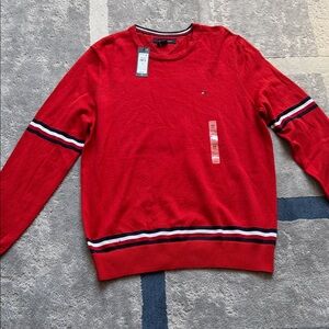 Tommy Hilfiger Men’s Red Crewneck Sweater with Navy and White Stripe Accents